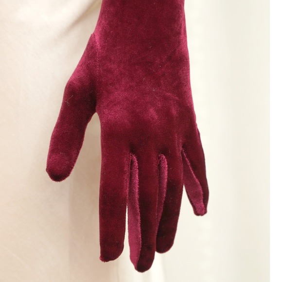 Burgundy Velvet Long Opera Length Gloves (mid upper arm 16BL) formal evening - Picture 4 of 5